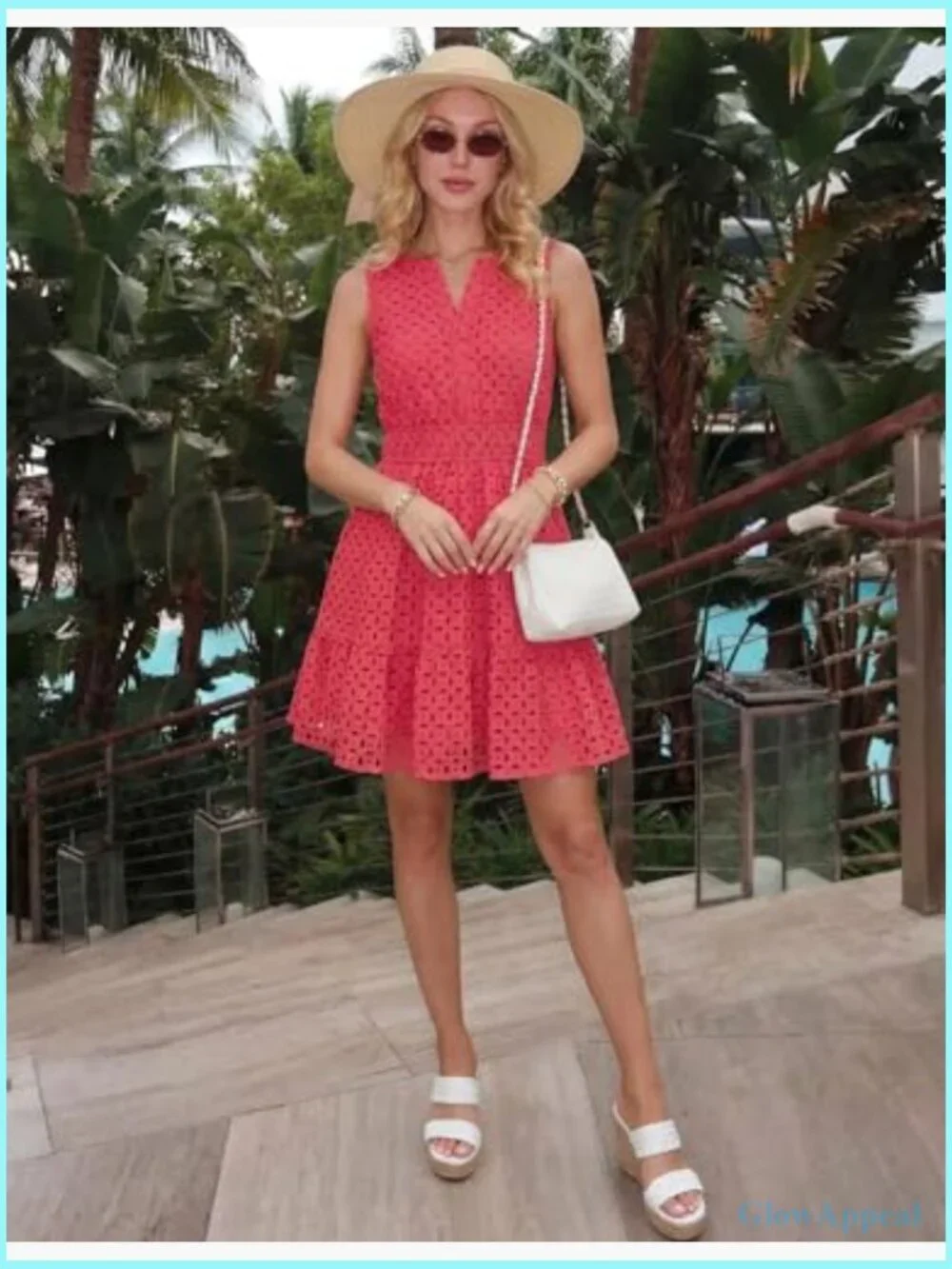 Sleeveless Mini Dress V Neck Eyelet Flowy A Line Beach Vacation Sundress